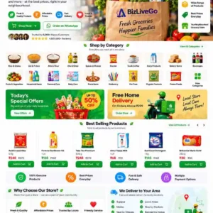 BizLiveGo grocery store website template featuring a local grocery shop, fresh products, online shopping categories, special offers, best-selling groceries and home delivery