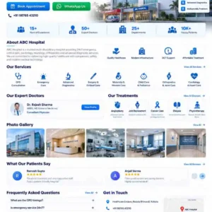 ABC Hospital offering 24/7 emergency care, specialist doctors, advanced treatments, ICU care, cardiology, neurology and orthopedics