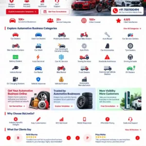 Automotive Business Category featuring car dealers, used car dealers, motorcycle dealers, used bike dealers, auto repair, car service centers, bike service centers, car wash, car detailing, auto parts, car accessories, tyre dealers, battery dealers, auto electrical, car AC service, towing, roadside assistance, driving schools, vehicle rental, EV dealers and automobile manufacturers