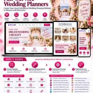 Full-service wedding planner website template by BizLiveGo featuring wedding planning services, venues, photography, bridal makeup, catering, decoration, wedding gallery, booking and responsive live website design