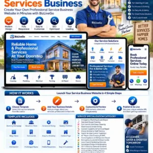 BizLiveGo home services including emergency plumbing, house cleaning, electrical repair, carpentry, painting, pest control, AC repair, locksmith, gardening, CCTV security, moving, laundry and home maintenance