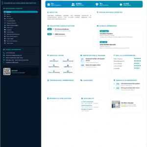 Clinical physician profile template for a general medicine specialist featuring medical qualifications, clinical experience, healthcare services, certifications, skills, awards and appointment details