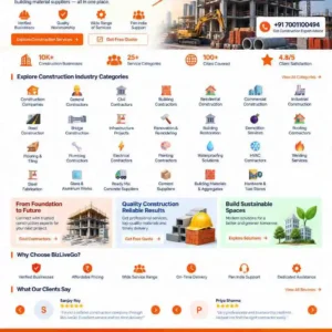 Construction Industry Subcategory featuring construction companies, general contractors, civil contractors, building contractors, residential and commercial construction, industrial construction, roads, bridges, infrastructure, renovation, roofing, flooring, plumbing, electrical, painting, waterproofing and HVAC services