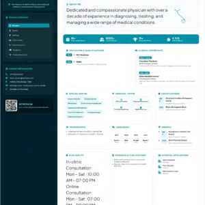 Consultant physician and internal medicine specialist profile template with medical qualifications, clinical experience, healthcare services, certifications, awards, research and hospital affiliations
