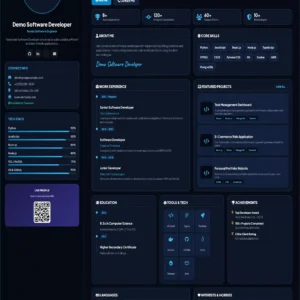 Cyber style software developer portfolio CV template featuring technical skills, technology stack, work experience, software projects, education, achievements and professional contact details
