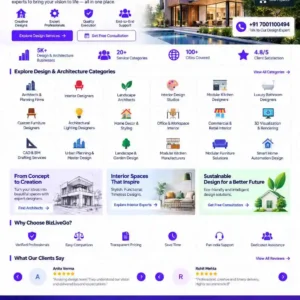 Design & Architecture Category featuring architects, planning firms, interior designers, landscape architects, interior design studios, modular kitchen designers, luxury bathroom designers, custom furniture designers, architectural lighting, 3D visualization, CAD, BIM, urban planning and home automation design