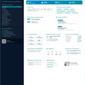 Doctor Prime Profile Template, professional physician CV, medical portfolio, doctor qualifications, clinical experience, healthcare services, certifications, medical skills, professional memberships, languages, awards, research, availability and appointment profile