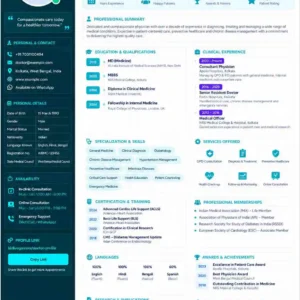Doctor Profile Template featuring physician qualifications, clinical experience, medical specialization, healthcare services, certifications, professional memberships, awards, research and professional links