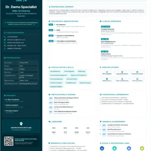 Professional Doctor Profile Template featuring physician qualifications, clinical experience, medical specialization, healthcare services, certifications, professional memberships, awards, research publications, contact details, availability and appointment booking