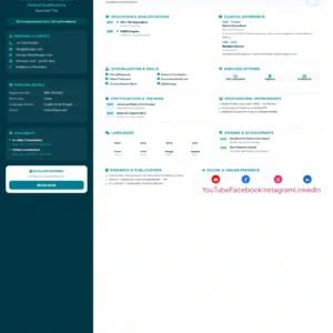 Doctor Profile Template featuring verified medical specialist profile, medical qualifications, professional summary, clinical experience, specialization and skills, healthcare services, certifications, memberships, languages, awards, research publications and online presence