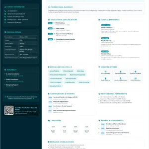 Doctor Profile Template featuring verified physician profile, medical qualifications, clinical experience, specialization and skills, healthcare services, certifications, professional memberships, awards, research publications, availability and appointment booking