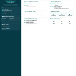 Professional Doctor Profile Template featuring verified physician profile, medical qualifications, clinical experience, specialization and skills, healthcare services, certifications, language fluency, registration details and consultation availability