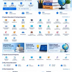 Education & Training Category featuring coaching centers, schools, colleges, universities, professional training institutes, skill centers, language schools, computer institutes, coding bootcamps, online learning, tutors and study abroad consultants