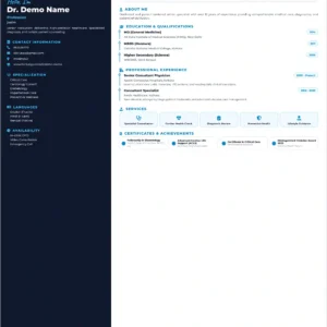 Elite Doctor Profile Template featuring physician professional experience, medical qualifications, healthcare services, specialization, languages, availability, certifications, achievements and appointment booking