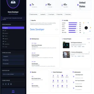 Full stack software developer portfolio resume template featuring technical skills, work experience, featured projects, education, development tools, achievements and hiring information