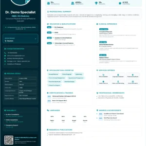 Healthcare Doctor Profile Template, verified physician profile, medical qualifications, clinical experience, healthcare expertise, medical services, certifications, professional memberships, languages, awards, research and consultation availability