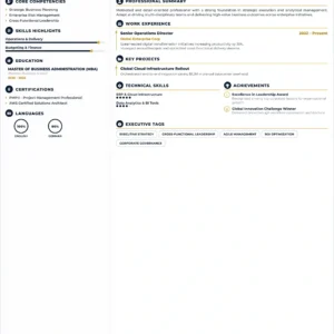 Luxury gold senior operations director executive resume template featuring strategic planning, enterprise risk management, leadership, finance, cloud infrastructure, certifications and career achievements