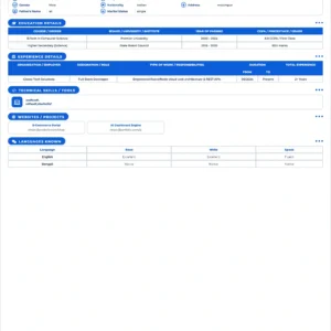 Modern full stack developer CV template featuring education, professional experience, technical skills, software projects, languages and personal information