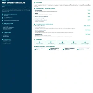 Modern teal doctor profile template, professional medical CV, physician portfolio, doctor qualifications, clinical experience, healthcare services, certifications, specialization, languages, availability and appointment booking