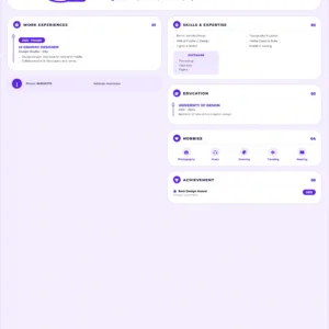 Modern UI graphic designer resume template featuring brand identity, web and mobile UI design, creative software skills, education, work experience and design achievement