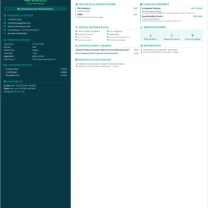 Modern verified doctor profile template, physician credentials, medical education, clinical experience, healthcare expertise, consultation services, certifications, professional memberships, research publications, languages, appointment availability