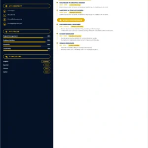 Navy gold professional graphic designer resume template featuring design education, creative work experience, project management skills, leadership abilities and language proficiency