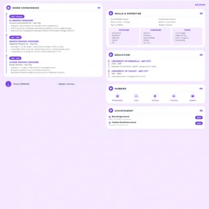 Purple creative graphic designer resume template featuring design experience, UI UX skills, branding expertise, education, creative tools, hobbies and professional achievements
