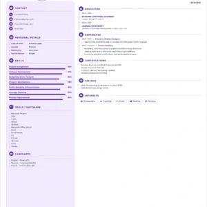 Purple IT project manager resume template featuring technology leadership, project management, software development, strategic planning, professional experience, certifications and career skills