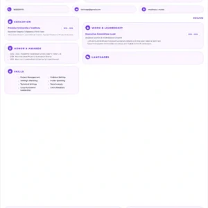 Purple website developer resume template featuring technical skills, project management, strategic planning, leadership experience, education, awards and professional achievements