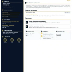 Royal executive technology developer resume template featuring professional summary, work experience, cloud infrastructure projects, technical skills, education, certifications and achievements