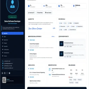 Senior software engineer developer portfolio resume template featuring technical skills, professional experience, software projects, education, certifications and contact information