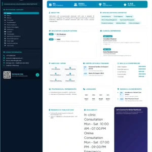Verified healthcare doctor profile template, professional physician portfolio, medical qualifications, clinical experience, specialization, healthcare services, certifications, skills, professional memberships, languages, awards, research and consultation availability