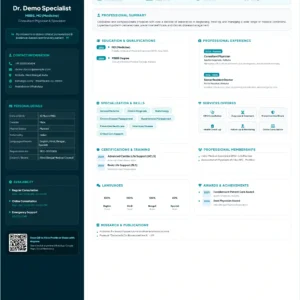 Verified medical doctor profile template, professional physician CV, healthcare portfolio, medical qualifications, professional experience, specialization and skills, healthcare services, certifications, memberships, languages, awards, research and consultation availability